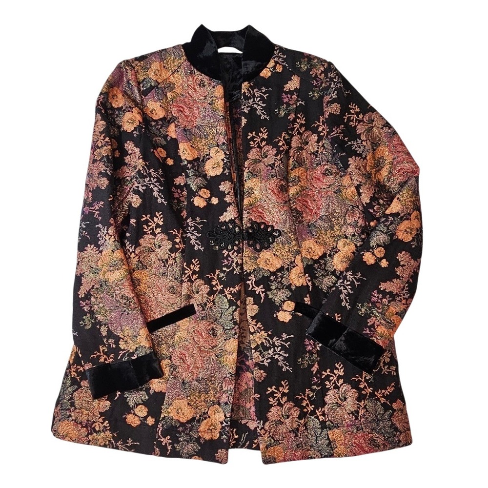 Soft Surroundings Floral Tapestry Jacket Velvet Trim Mandarin Collar Frog Button